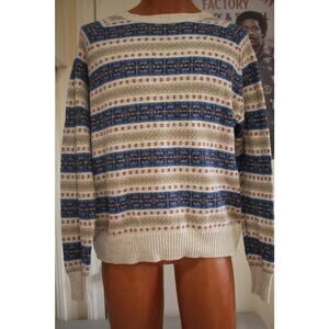 J.Crew Fair Isle Sweater Men Large Wool Blend Crewneck Nordic Pattern Beige/Blue